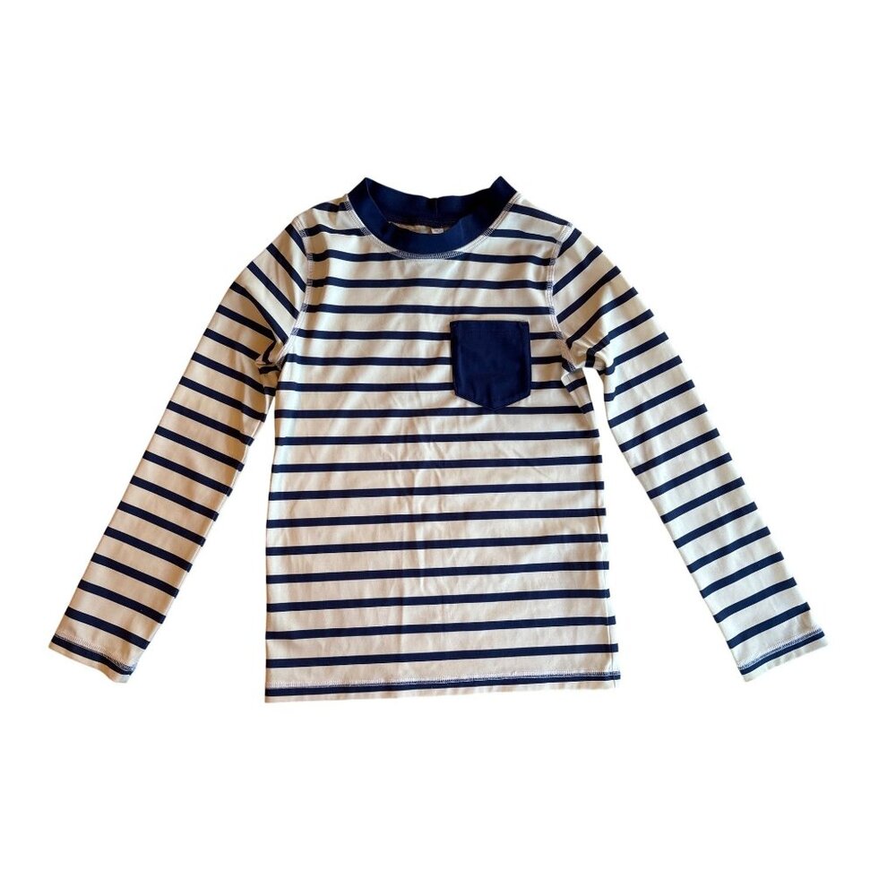 8-9Y Mini Boden Boys' Blue and White Striped Long Sleeve Rashguard
